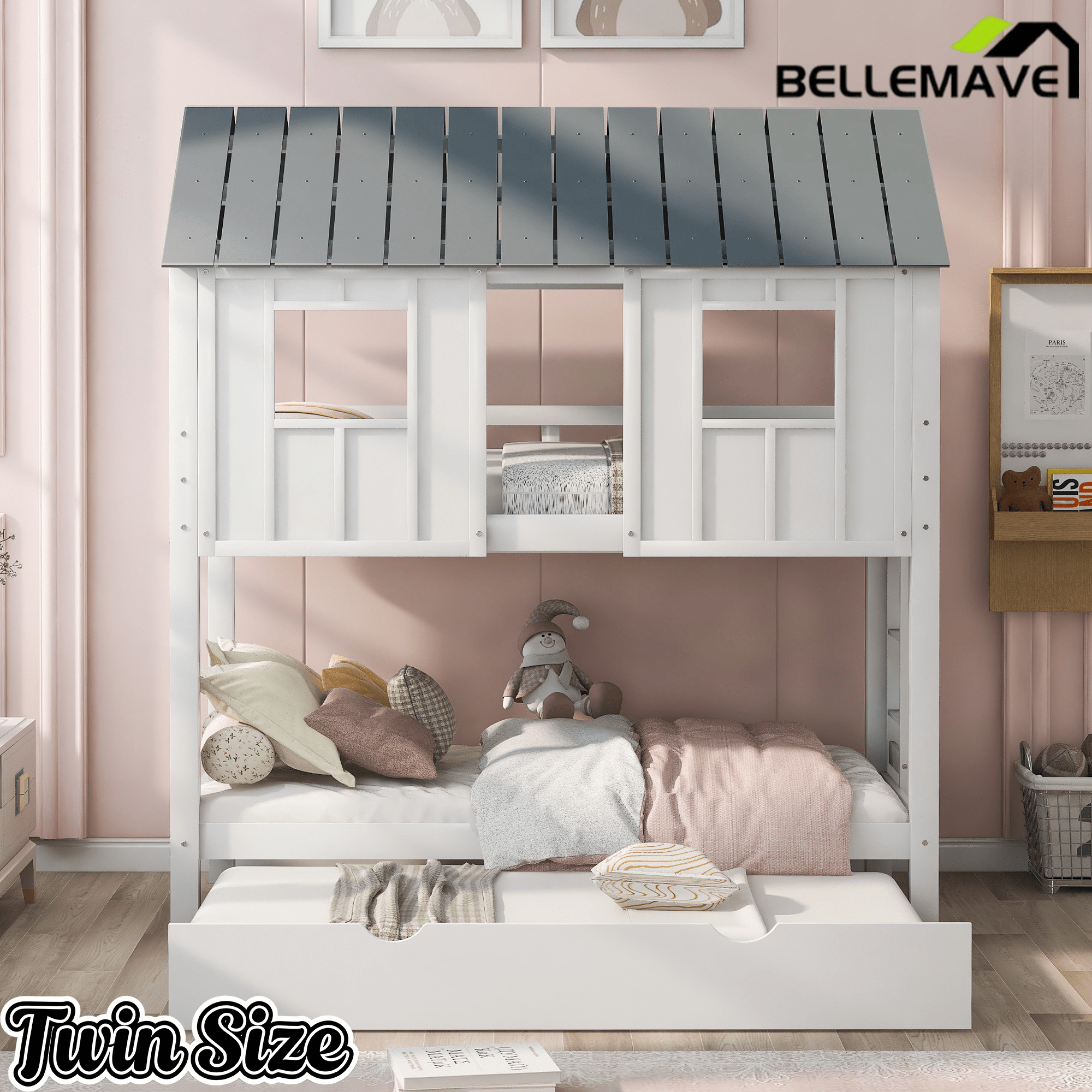 Bellemave® Twin Size House Bunk Bed with Trundle,Roof and Windows,Wood Twin Bunk Beds for Girls, Boys,White+Grey - Bellemave