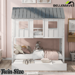 Bellemave® Twin Size House Bunk Bed with Trundle,Roof and Windows,Wood Twin Bunk Beds for Girls, Boys,White+Grey - Bellemave