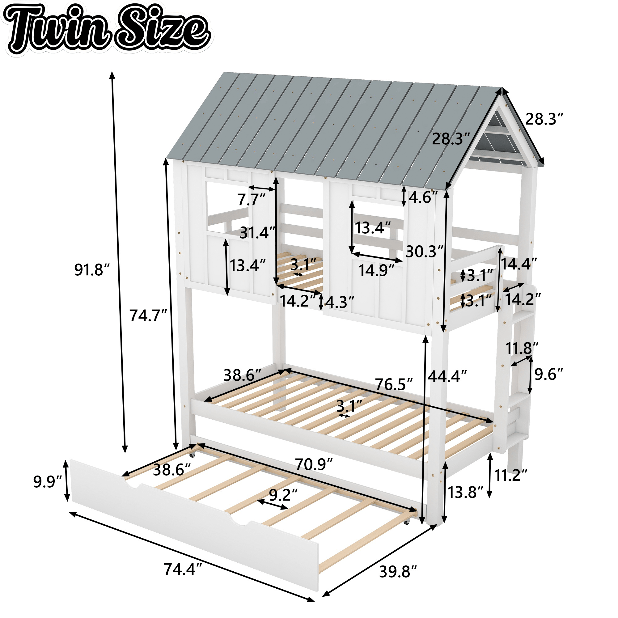 Bellemave® Twin Size House Bunk Bed with Trundle,Roof and Windows,Wood Twin Bunk Beds for Girls, Boys,White+Grey - Bellemave