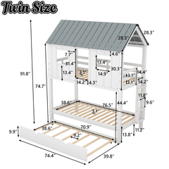 Bellemave® Twin Size House Bunk Bed with Trundle,Roof and Windows,Wood Twin Bunk Beds for Girls, Boys,White+Grey - Bellemave
