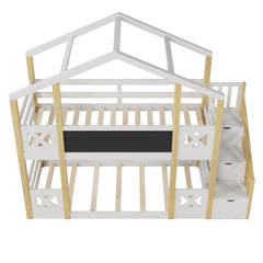 Bellemave® Twin Size House Bunk Bed with White Storage Staircase and Blackboards - Bellemave