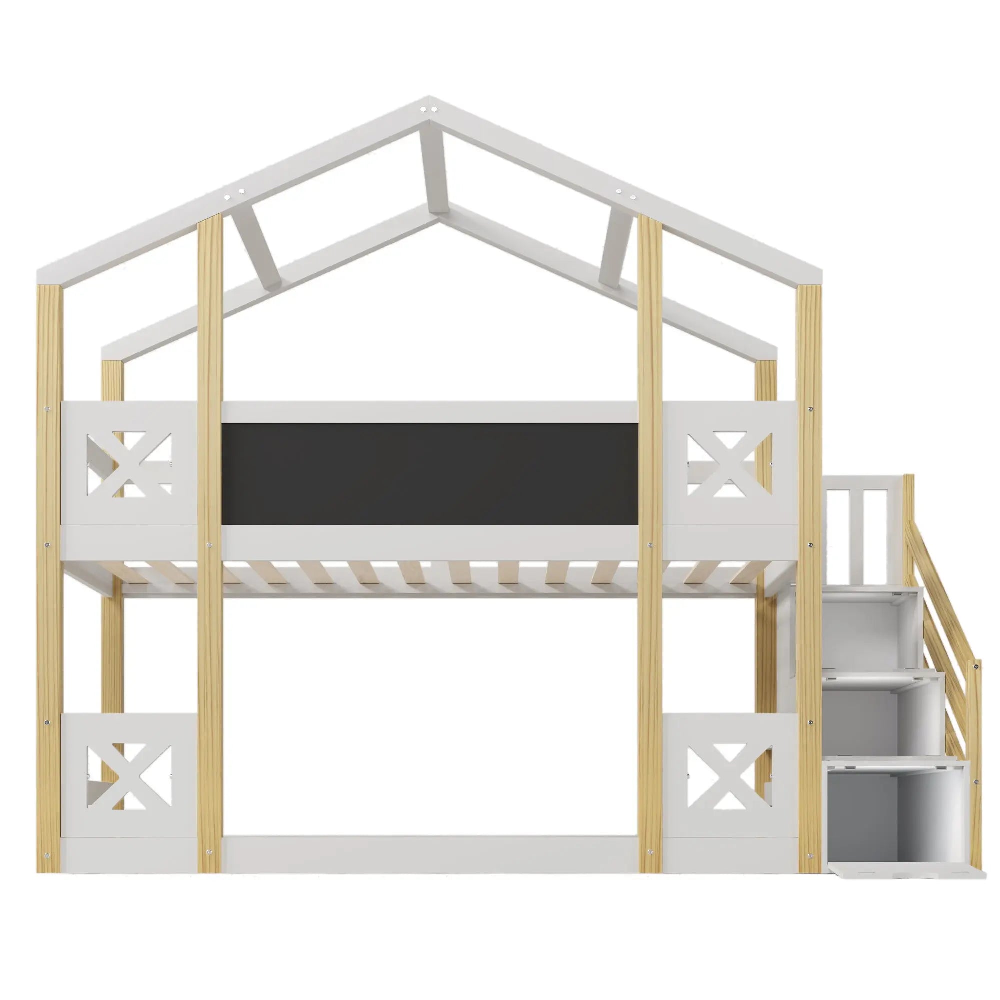 Bellemave® Twin Size House Bunk Bed with White Storage Staircase and Blackboards - Bellemave