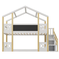 Bellemave® Twin Size House Bunk Bed with White Storage Staircase and Blackboards - Bellemave