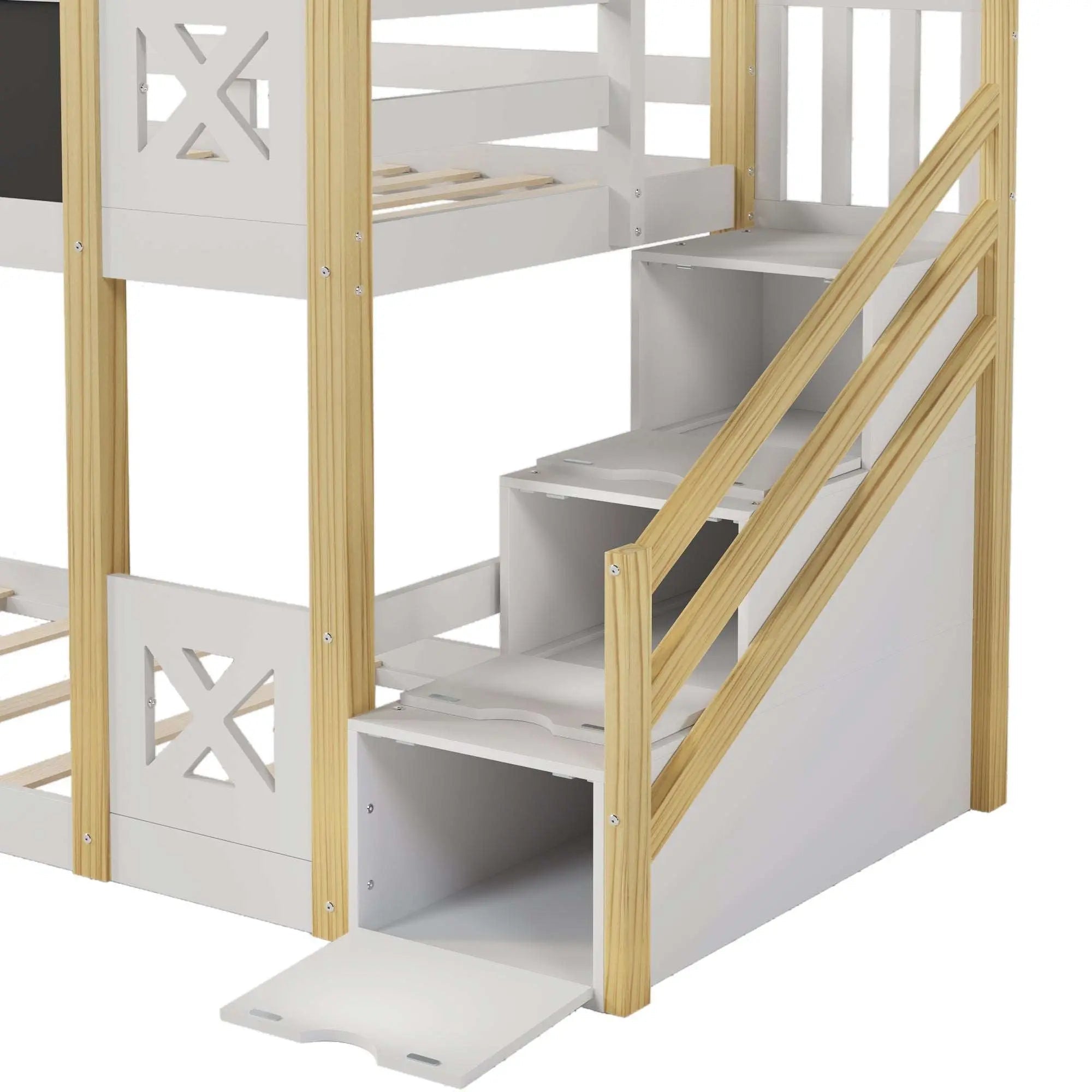 Bellemave® Twin Size House Bunk Bed with White Storage Staircase and Blackboards - Bellemave