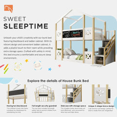 Bellemave® Twin Size House Bunk Bed with White Storage Staircase and Blackboards - Bellemave