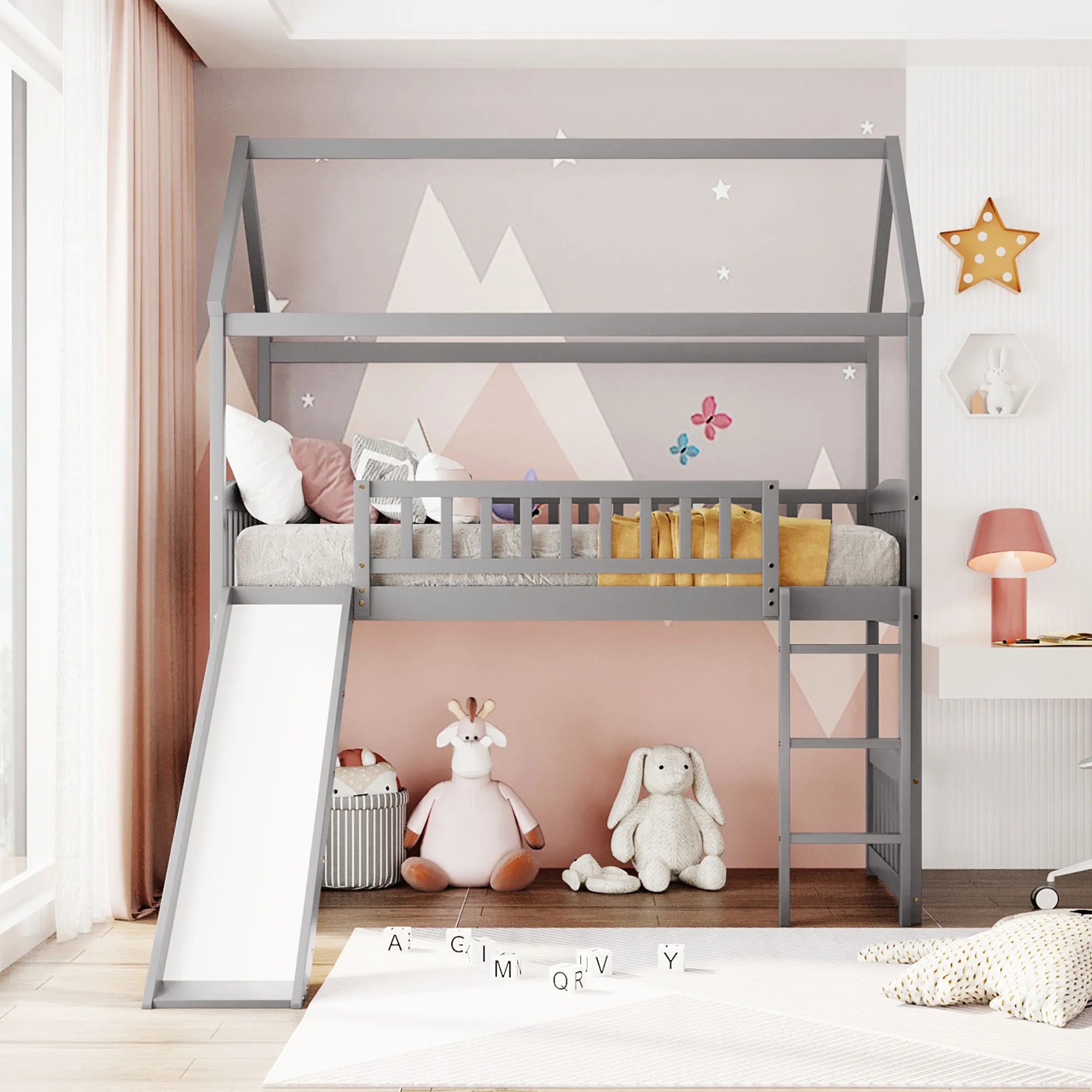 Bellemave® Twin Size House Loft Bed with Ladder and Slide - Bellemave