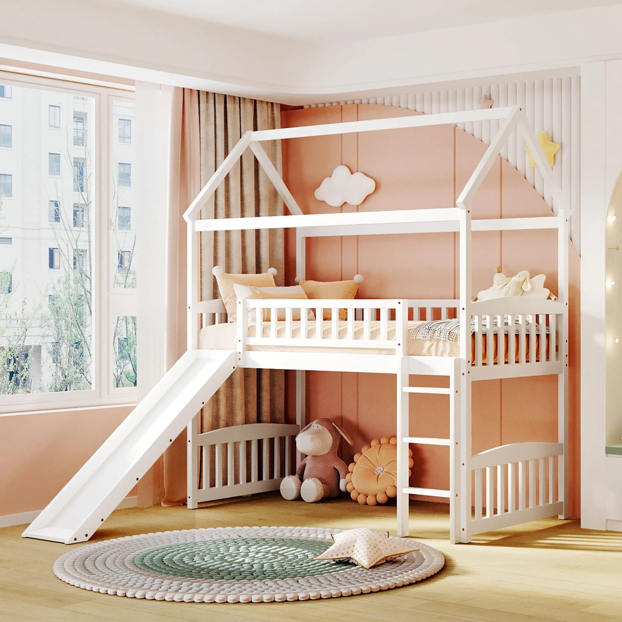 Bellemave® Twin Size House Loft Bed with Ladder and Slide - Bellemave