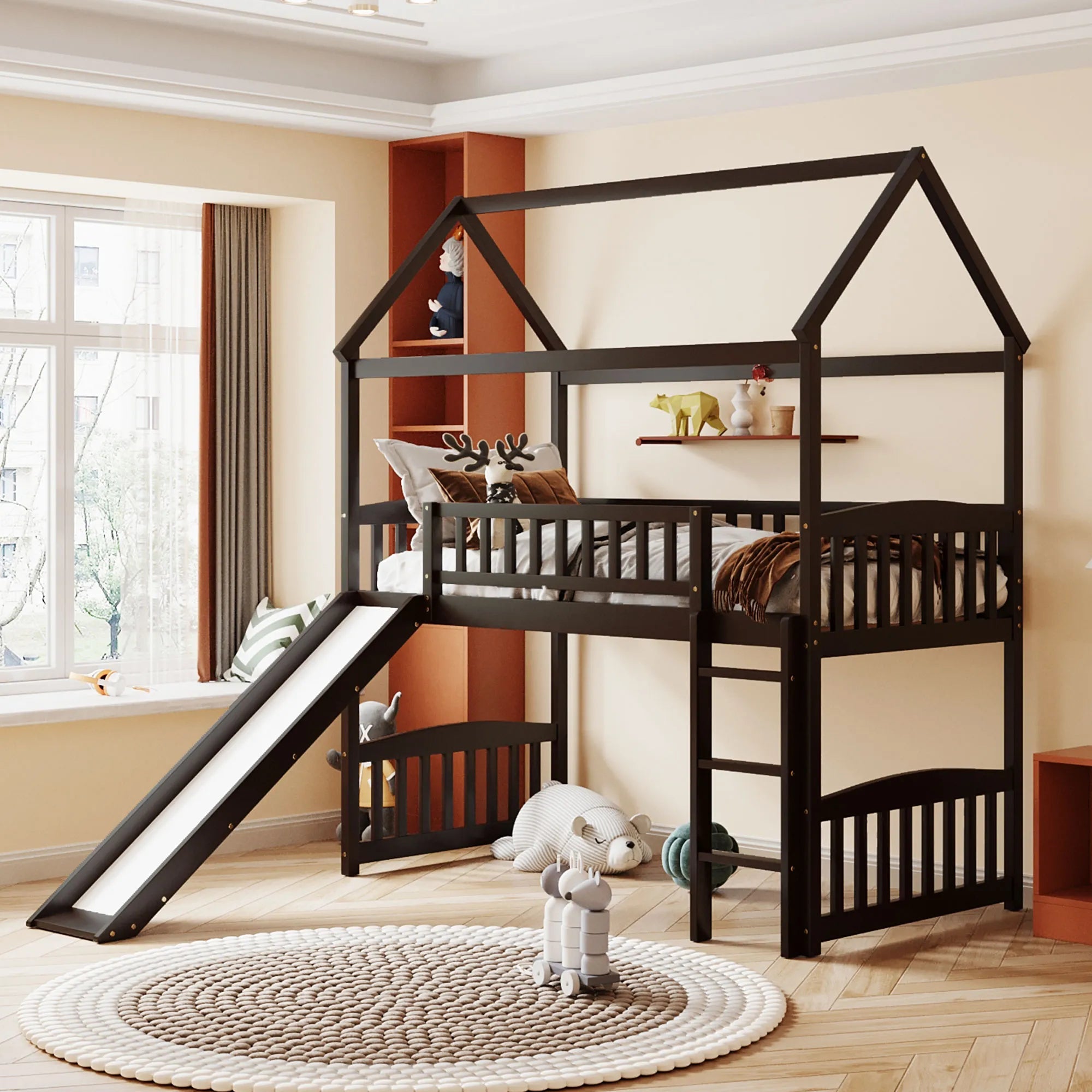 Bellemave® Twin Size House Loft Bed with Ladder and Slide - Bellemave