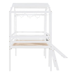 Bellemave® Twin Size House Loft Bed with Ladder and Slide,Blackboard and Light Strip on the Roof - Bellemave