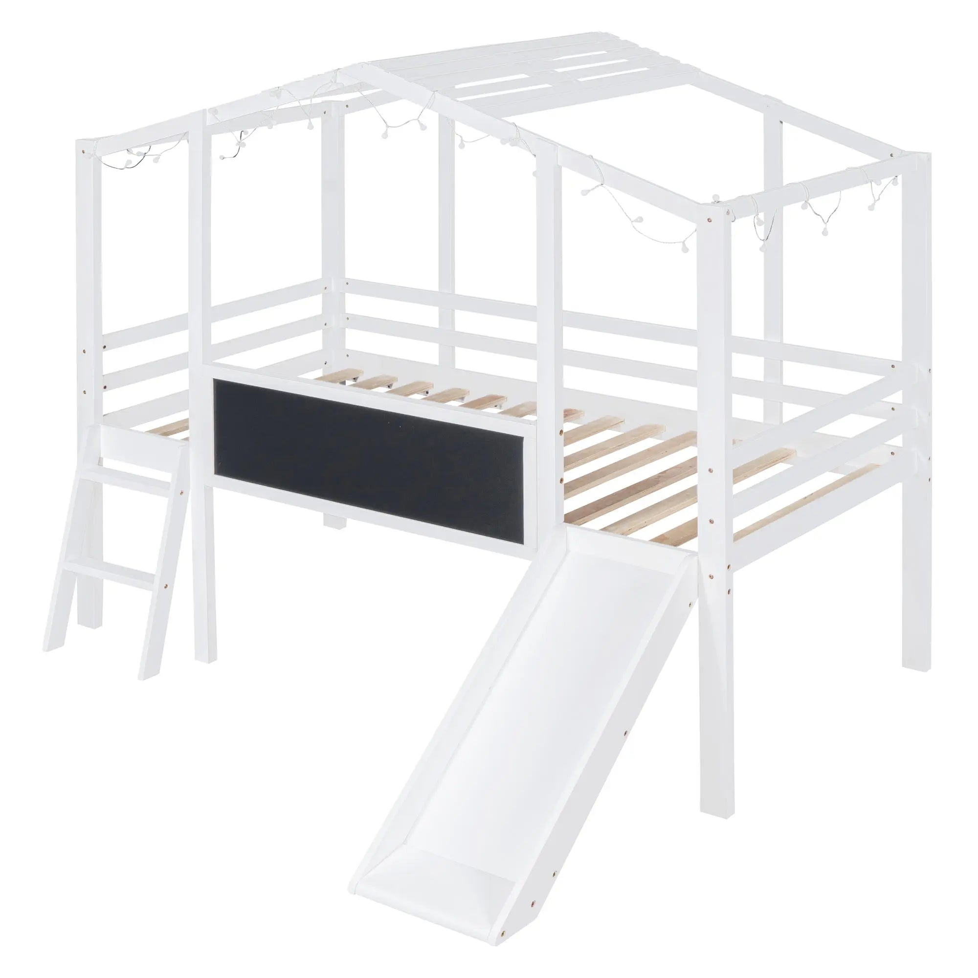Bellemave® Twin Size House Loft Bed with Ladder and Slide,Blackboard and Light Strip on the Roof - Bellemave