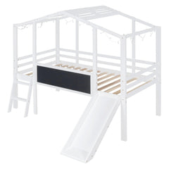 Bellemave® Twin Size House Loft Bed with Ladder and Slide,Blackboard and Light Strip on the Roof - Bellemave