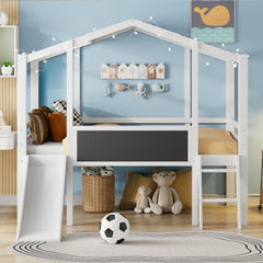 Bellemave® Twin Size House Loft Bed with Ladder and Slide,Blackboard and Light Strip on the Roof - Bellemave