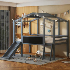 Bellemave® Twin Size House Loft Bed with Ladder and Slide,Blackboard and Light Strip on the Roof - Bellemave