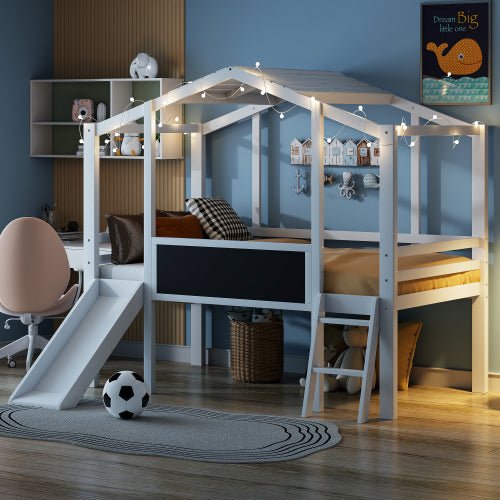 Bellemave® Twin Size House Loft Bed with Ladder and Slide,Blackboard and Light Strip on the Roof - Bellemave