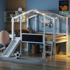 Bellemave® Twin Size House Loft Bed with Ladder and Slide,Blackboard and Light Strip on the Roof - Bellemave