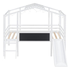 Bellemave® Twin Size House Loft Bed with Ladder and Slide,Blackboard and Light Strip on the Roof - Bellemave