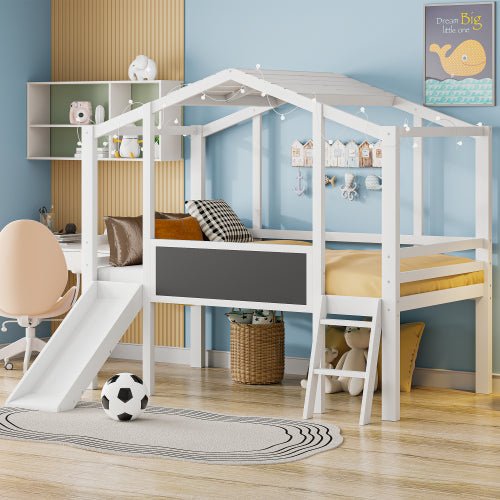 Bellemave® Twin Size House Loft Bed with Ladder and Slide,Blackboard and Light Strip on the Roof - Bellemave