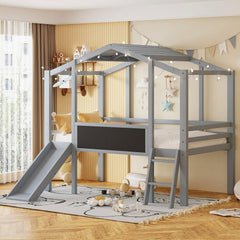 Bellemave® Twin Size House Loft Bed with Ladder and Slide,Blackboard and Light Strip on the Roof - Bellemave