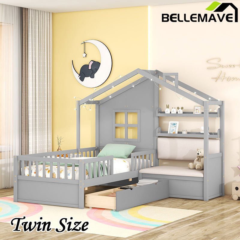 Bellemave® Twin Size House Platform Bed with Two Drawers and Storage Shelf - Bellemave