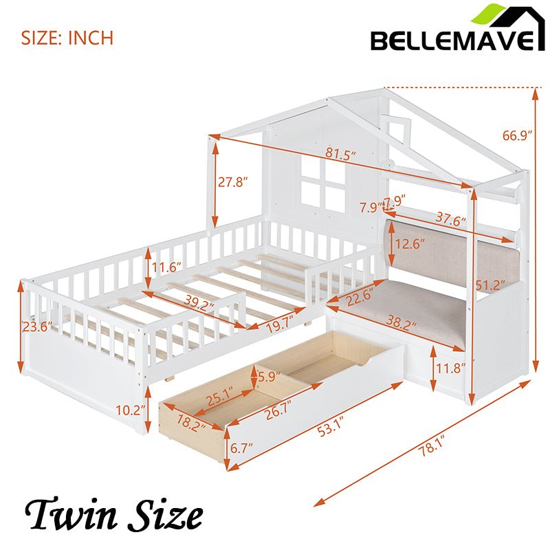 Bellemave® Twin Size House Platform Bed with Two Drawers and Storage Shelf - Bellemave