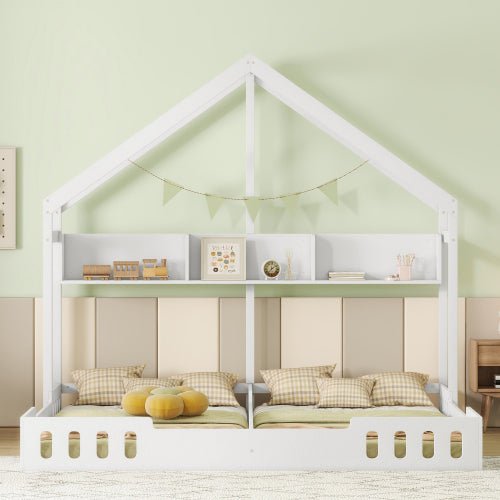 Bellemave® Twin Size House Platform Beds,Two Shared Beds with Shelves and Guardrail - Bellemave