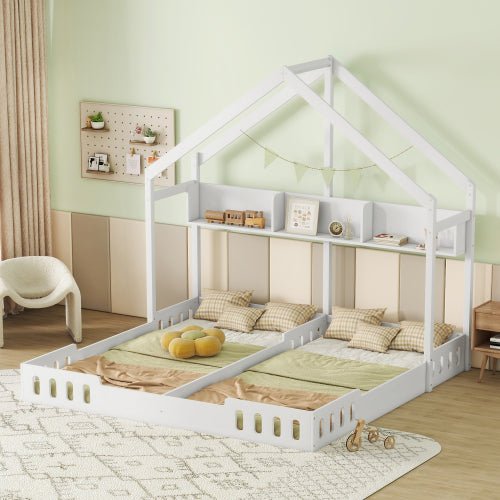 Bellemave® Twin Size House Platform Beds,Two Shared Beds with Shelves and Guardrail - Bellemave