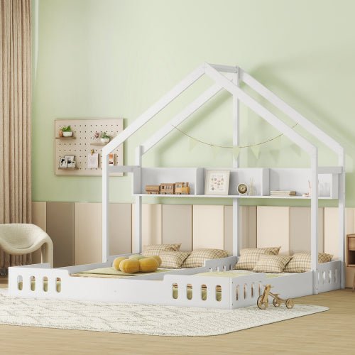 Bellemave® Twin Size House Platform Beds,Two Shared Beds with Shelves and Guardrail - Bellemave