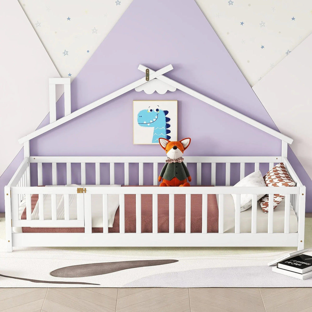 Bellemave® Twin Size House - Shaped Bedside Floor Bed with Guardrails, Slats, with Door - Bellemave
