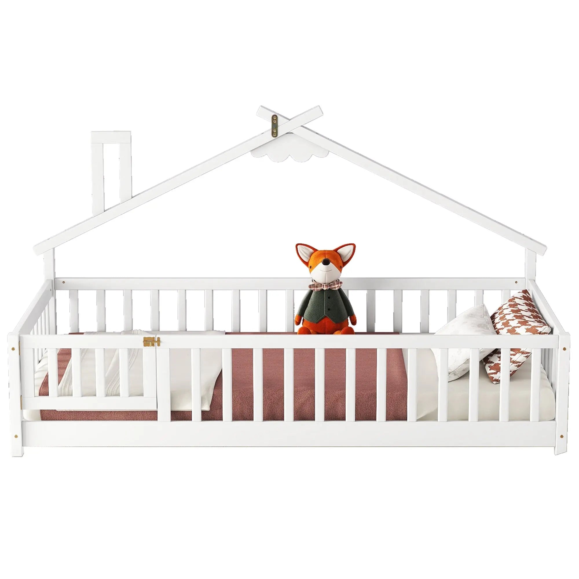 Bellemave® Twin Size House - Shaped Bedside Floor Bed with Guardrails, Slats, with Door - Bellemave