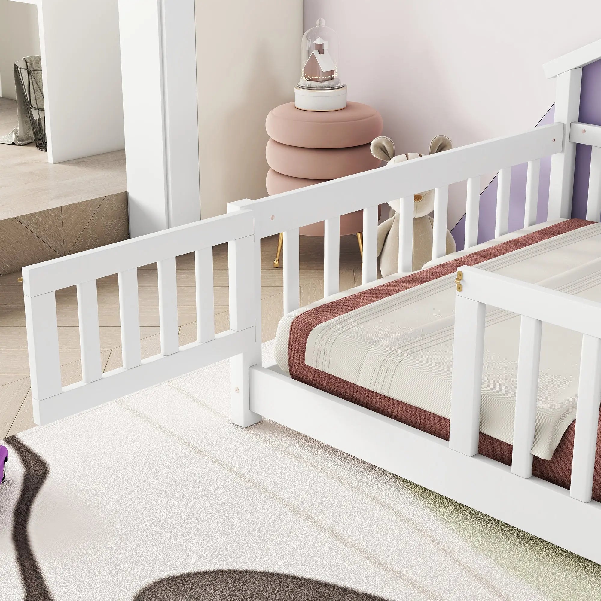Bellemave® Twin Size House - Shaped Bedside Floor Bed with Guardrails, Slats, with Door - Bellemave