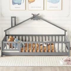 Bellemave® Twin Size House - Shaped Bedside Floor Bed with Guardrails, Slats, with Door - Bellemave