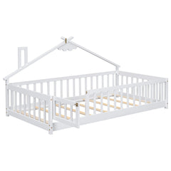 Bellemave® Twin Size House - Shaped Bedside Floor Bed with Guardrails, Slats, with Door - Bellemave