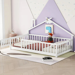 Bellemave® Twin Size House - Shaped Bedside Floor Bed with Guardrails, Slats, with Door - Bellemave