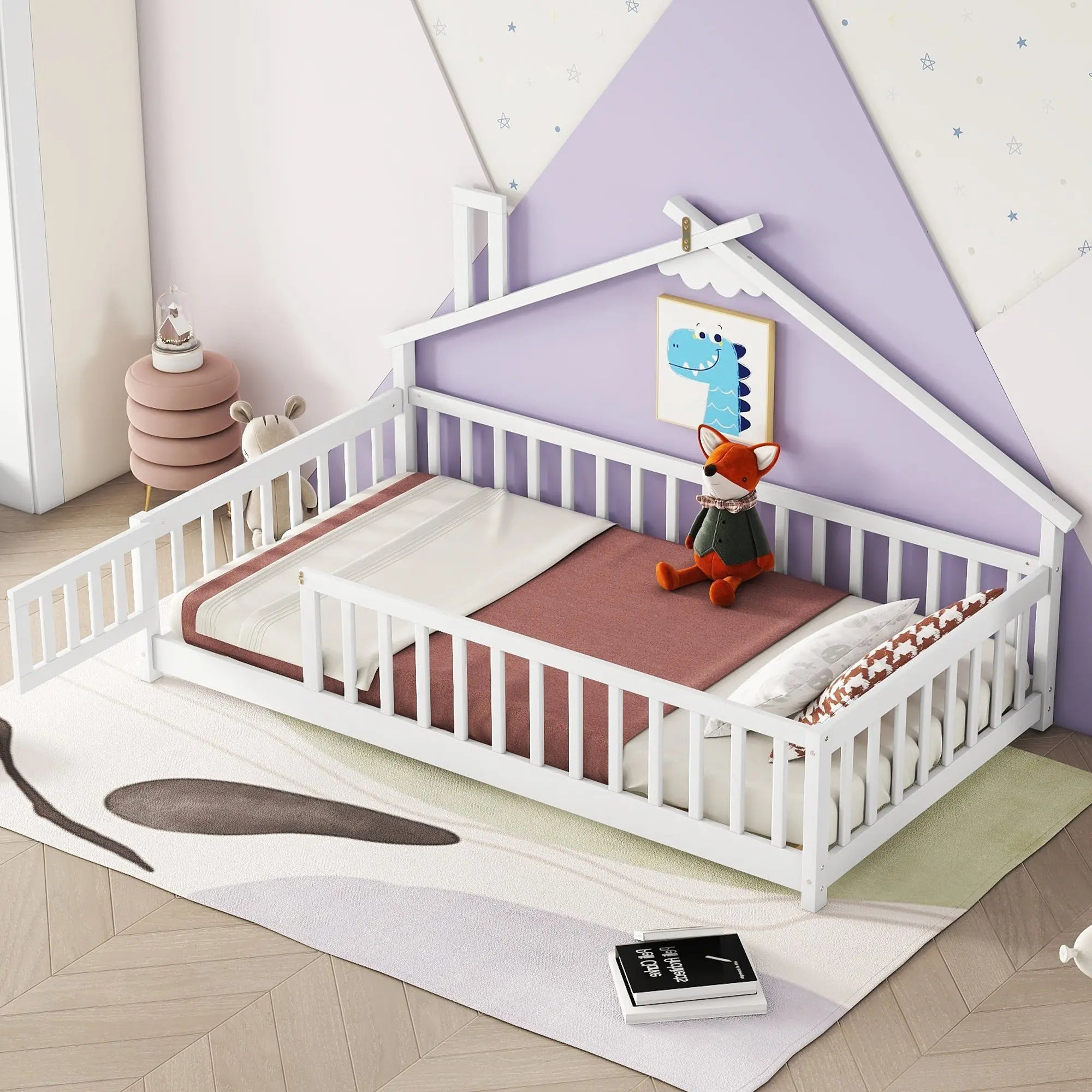 Bellemave® Twin Size House - Shaped Bedside Floor Bed with Guardrails, Slats, with Door - Bellemave