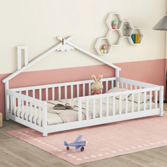 Bellemave® Twin Size House - Shaped Bedside Floor Bed with Guardrails, Slats, without Door - Bellemave