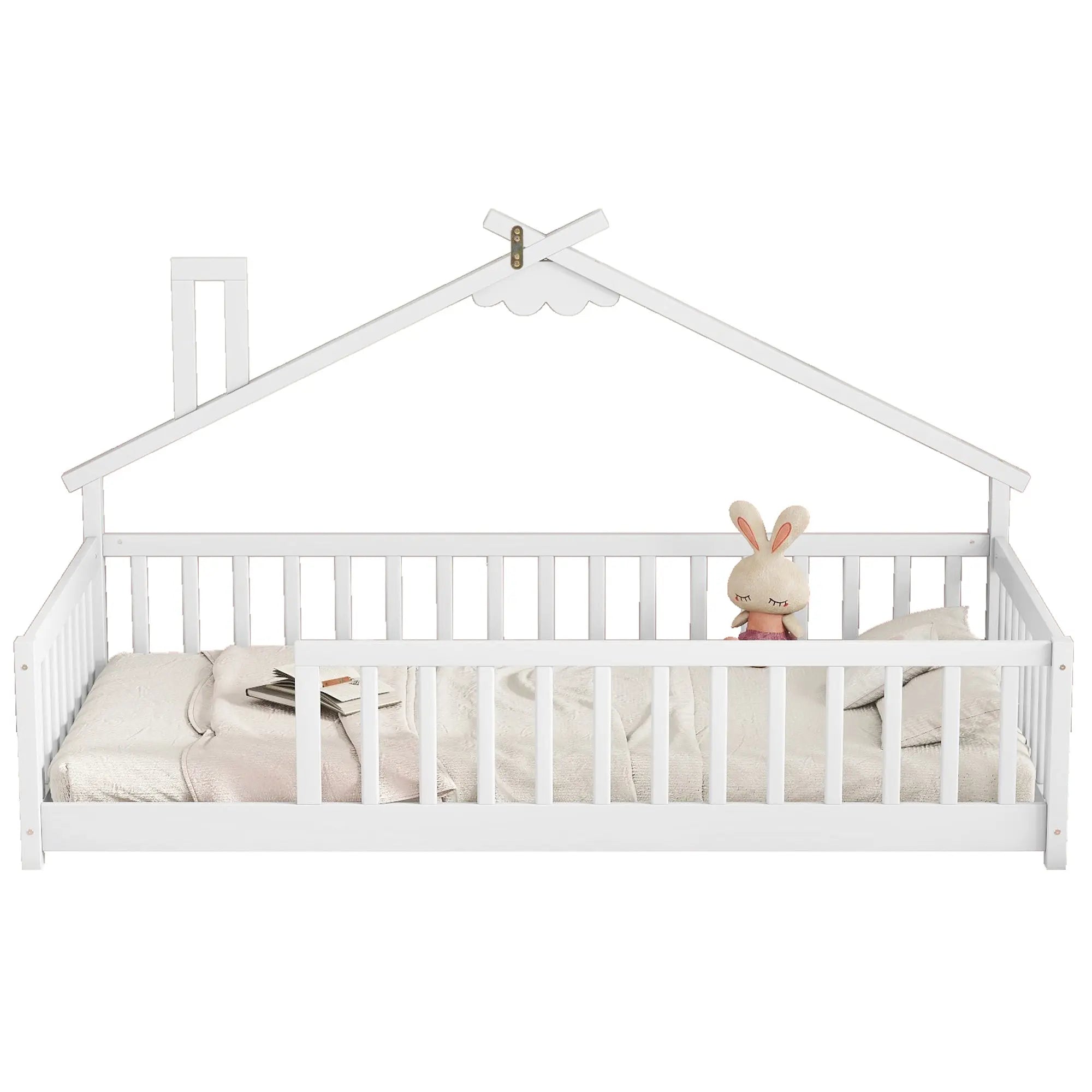 Bellemave® Twin Size House - Shaped Bedside Floor Bed with Guardrails, Slats, without Door - Bellemave
