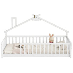 Bellemave® Twin Size House - Shaped Bedside Floor Bed with Guardrails, Slats, without Door - Bellemave