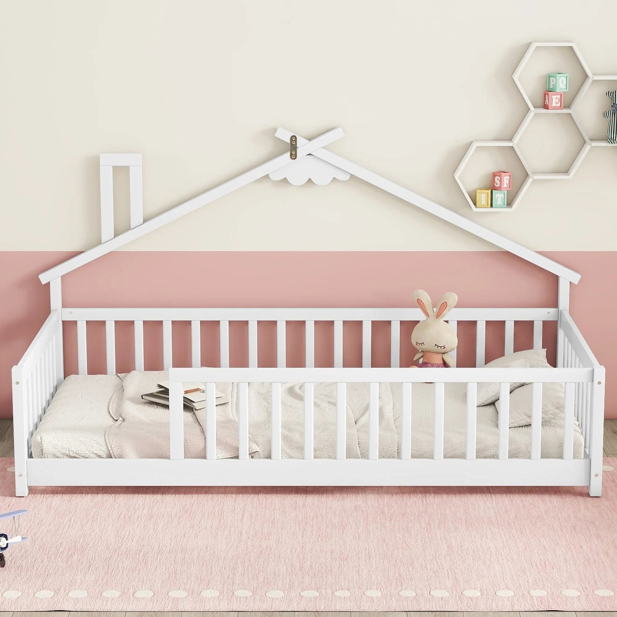 Bellemave® Twin Size House - Shaped Bedside Floor Bed with Guardrails, Slats, without Door - Bellemave