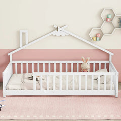 Bellemave® Twin Size House - Shaped Bedside Floor Bed with Guardrails, Slats, without Door - Bellemave