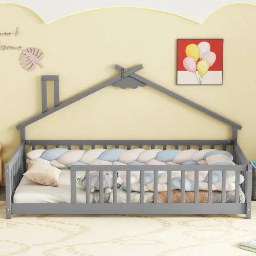 Bellemave® Twin Size House - Shaped Bedside Floor Bed with Guardrails, Slats, without Door - Bellemave