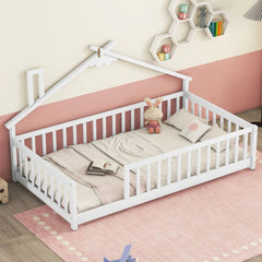 Bellemave® Twin Size House - Shaped Bedside Floor Bed with Guardrails, Slats, without Door - Bellemave