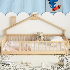 Bellemave® Twin Size House - Shaped Bedside Floor Bed with Guardrails, Slats, without Door - Bellemave