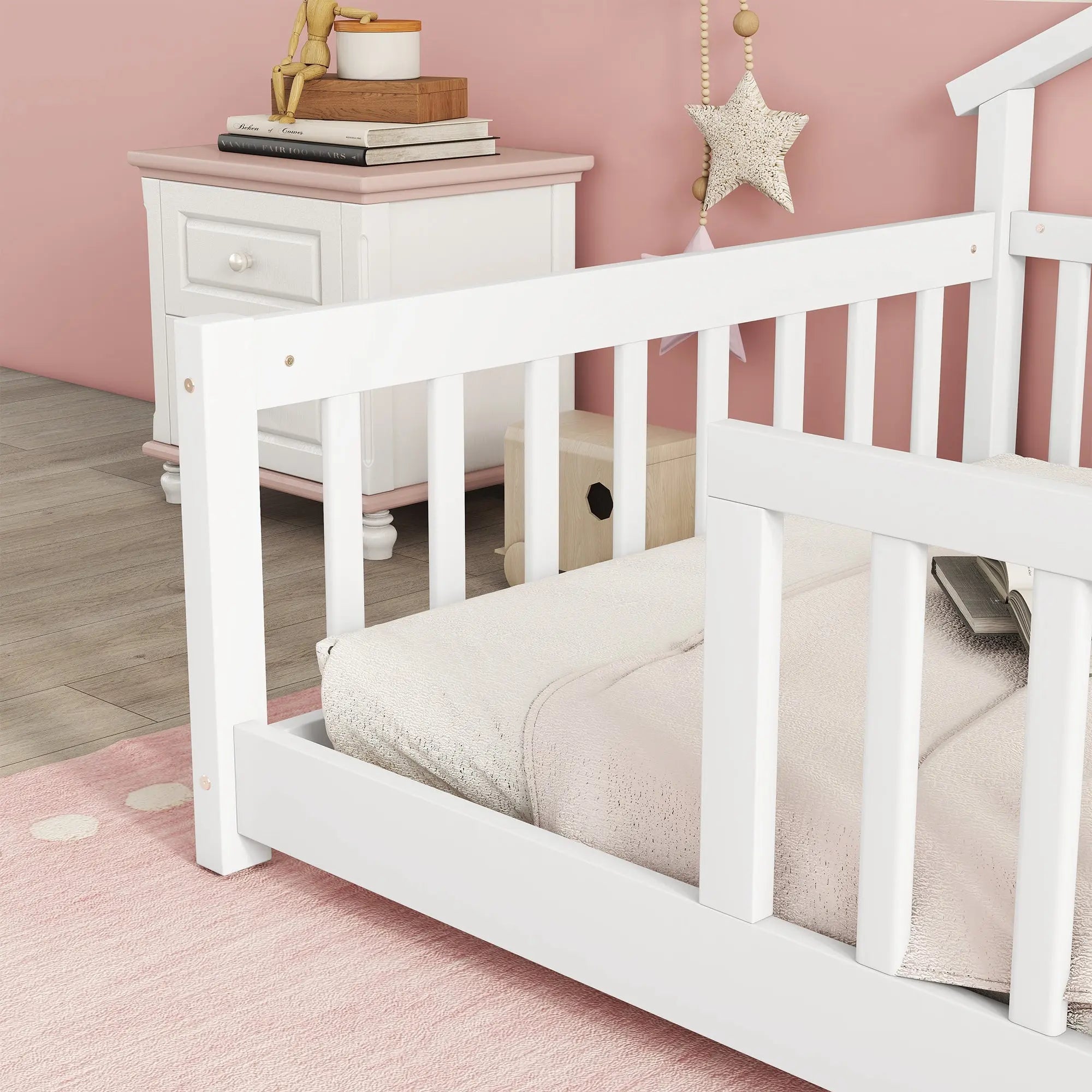 Bellemave® Twin Size House - Shaped Bedside Floor Bed with Guardrails, Slats, without Door - Bellemave