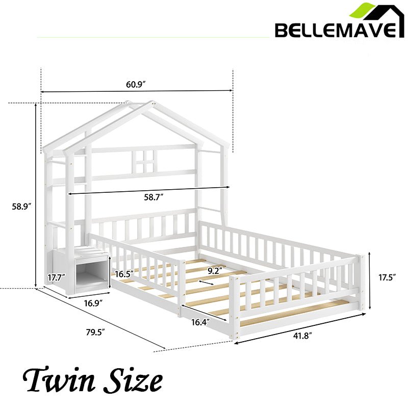 Bellemave® Twin Size House - Style Headboard Floor Bed with Fence - Bellemave