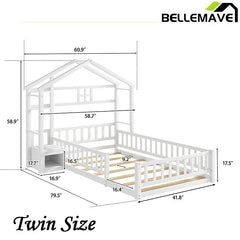 Bellemave® Twin Size House - Style Headboard Floor Bed with Fence - Bellemave