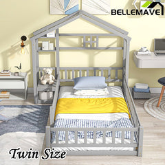 Bellemave® Twin Size House - Style Headboard Floor Bed with Fence - Bellemave