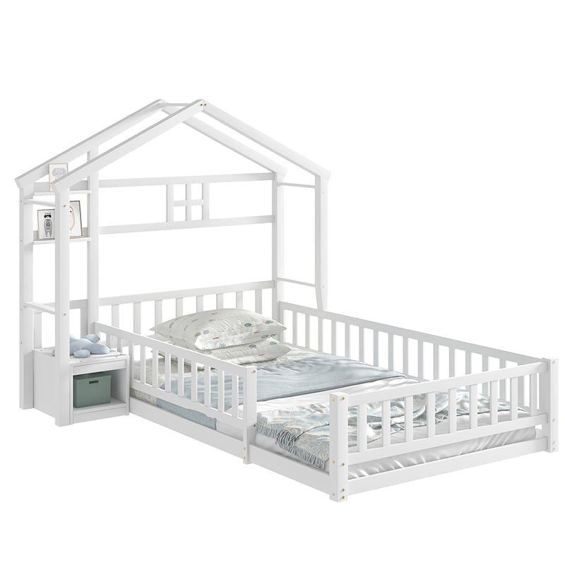 Bellemave® Twin Size House - Style Headboard Floor Bed with Fence - Bellemave