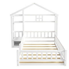 Bellemave® Twin Size House - Style Headboard Floor Bed with Fence - Bellemave