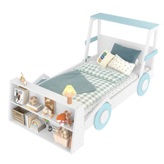 Bellemave® Twin Size Kids Car Bed with Storage Shelves, Twin Platform Bed Frame in Car - Shaped with Storage for Kids Boys Girls (Blue+White) - Bellemave
