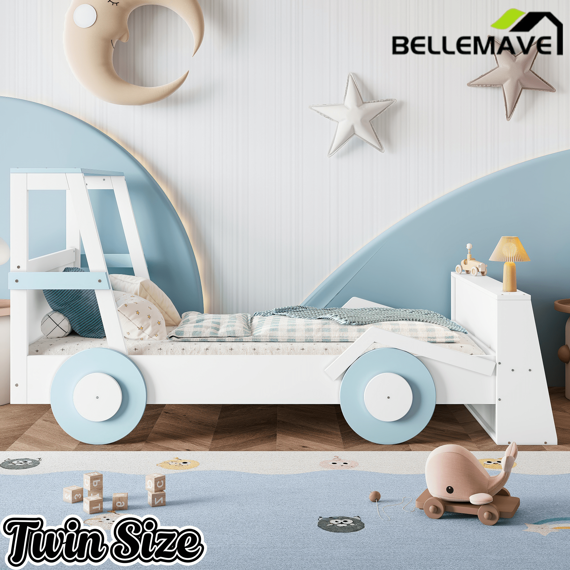 Bellemave® Twin Size Kids Car Bed with Storage Shelves, Twin Platform Bed Frame in Car - Shaped with Storage for Kids Boys Girls (Blue+White) - Bellemave